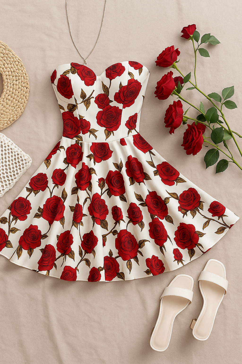 Vestido Strapless A-Línea con Estampado de Rosas – Blanco