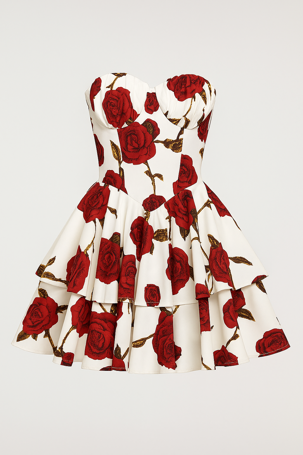 Vestido Strapless A-Línea con Estampado de Rosas – Blanco
