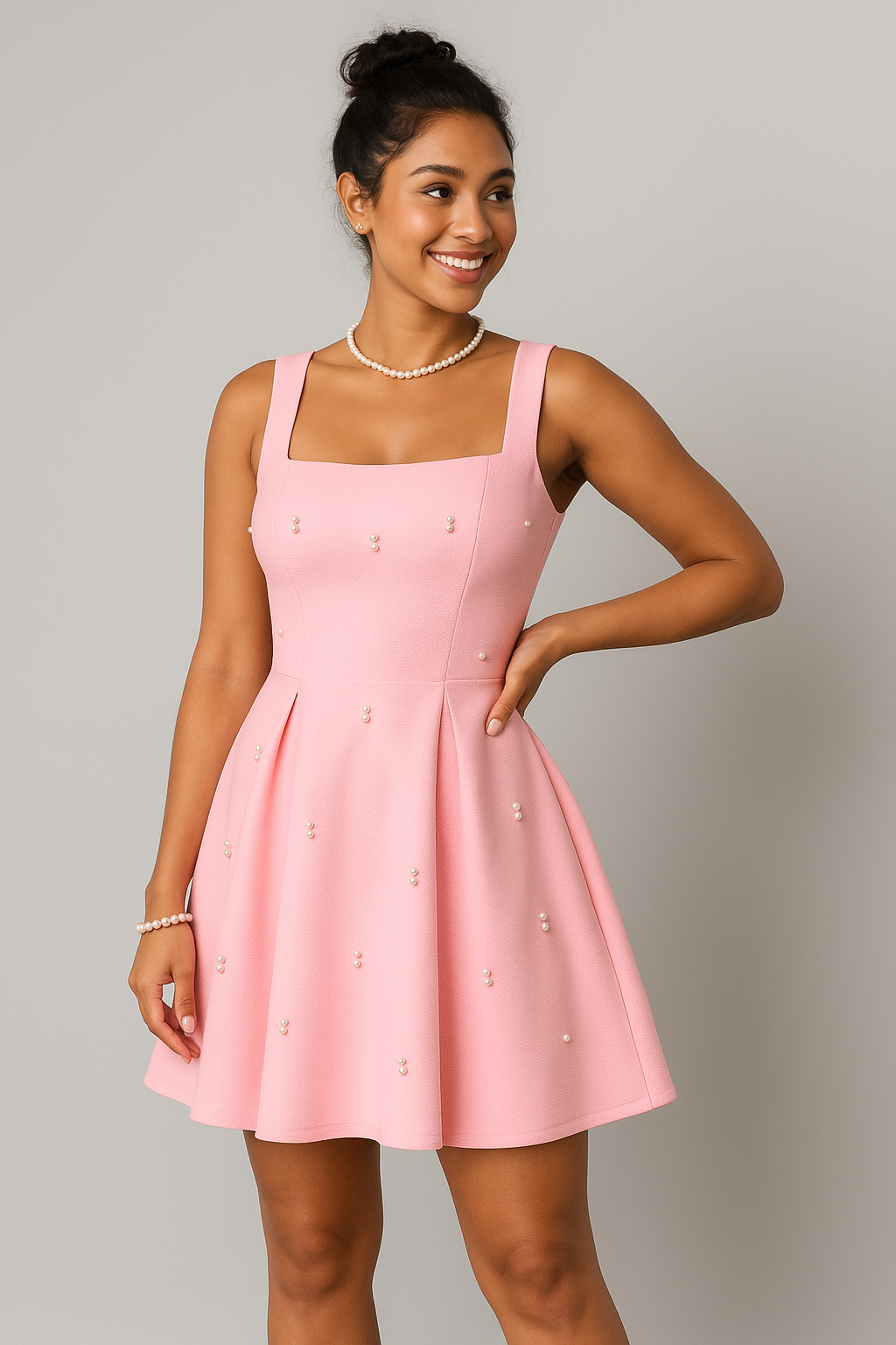 Vestido Rosa Elegante con Apliques de Perlas – Corte Acampanado